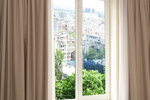 Windows with pink blinds