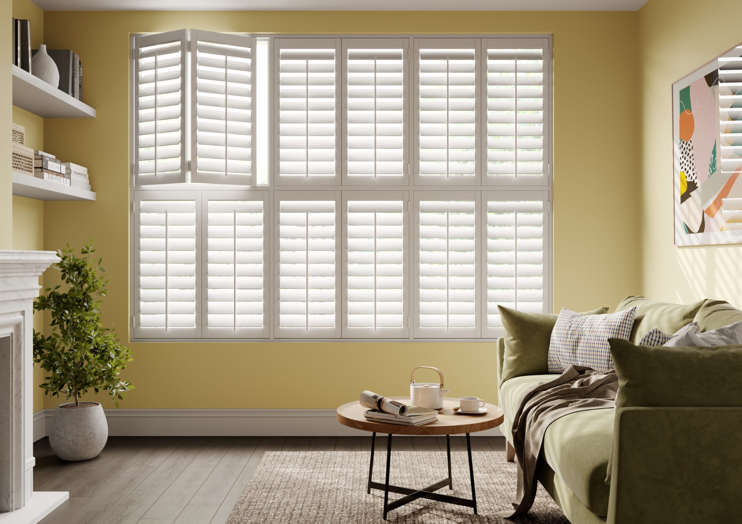 white shutters in yellow living room