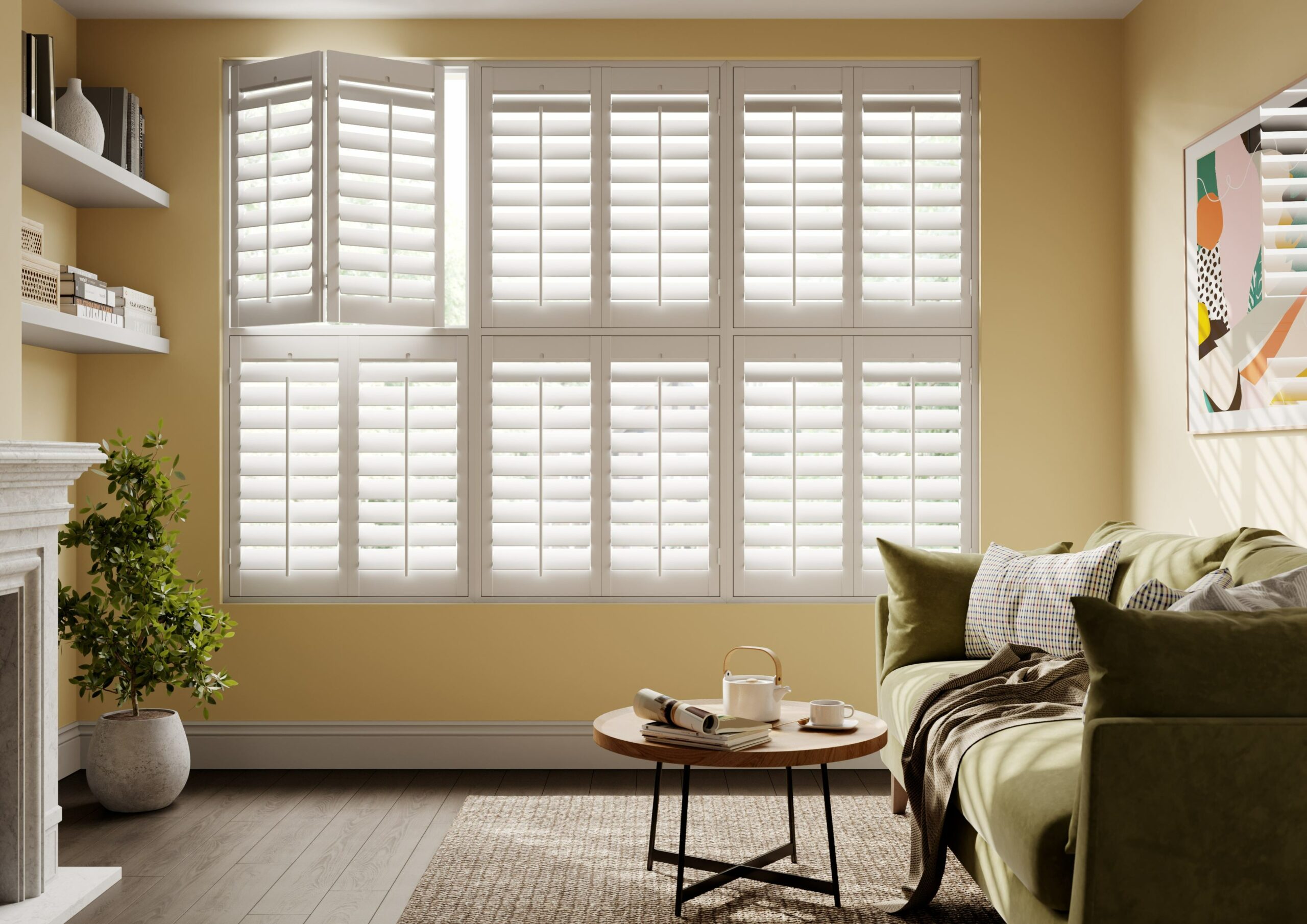 white shutters on yellow wall in living room